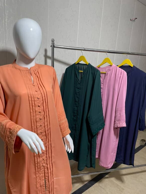Georgette Long Shirt & Trouser Set – Navy Blue, Pink, Peach & Green