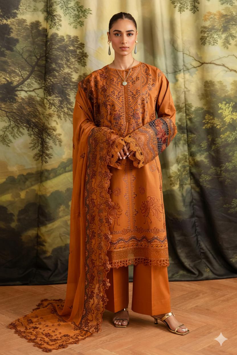 Unstitched Elegant Dhanak 3-Piece Suit – Embroidered Shirt & Dupatta with Plain Trouser