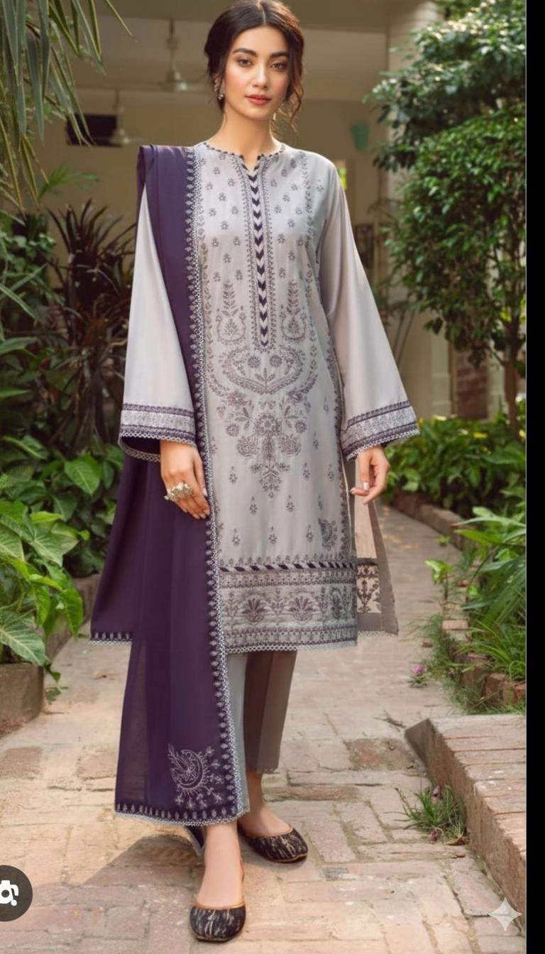 Unstitched Luxury Dhanak 3-Piece Suit – Embroidered Shirt & Dupatta with Plain Trouser