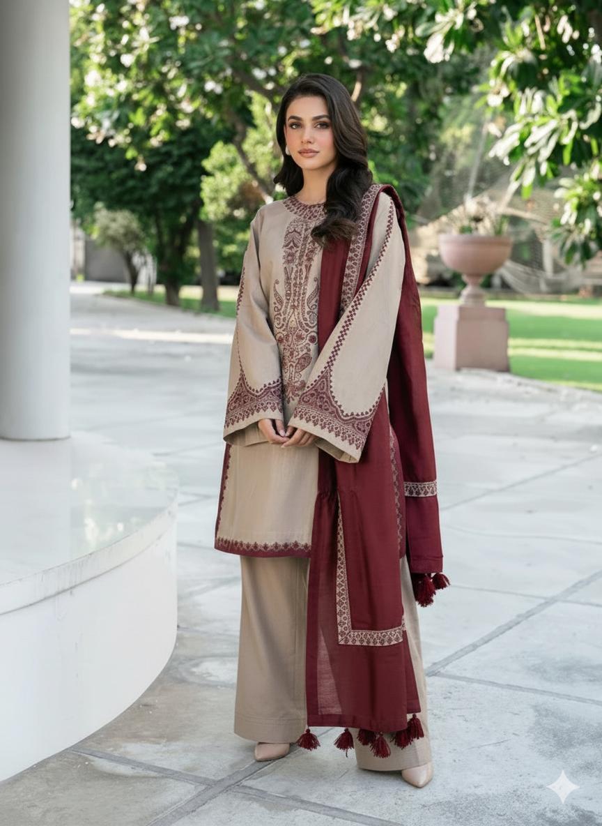 Unstitched Premium Dhanak 3-Piece Ensemble – Delicately Embroidered Shirt & Dupatta with Plain Trouser