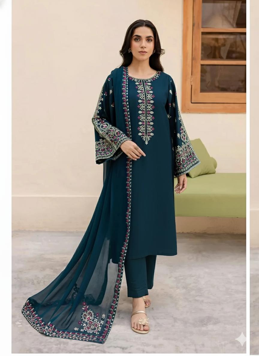 Unstitched Signature Dhanak 3-Piece Suit – Embroidered Shirt with Matching Embroidered Dupatta & Plain Trouser