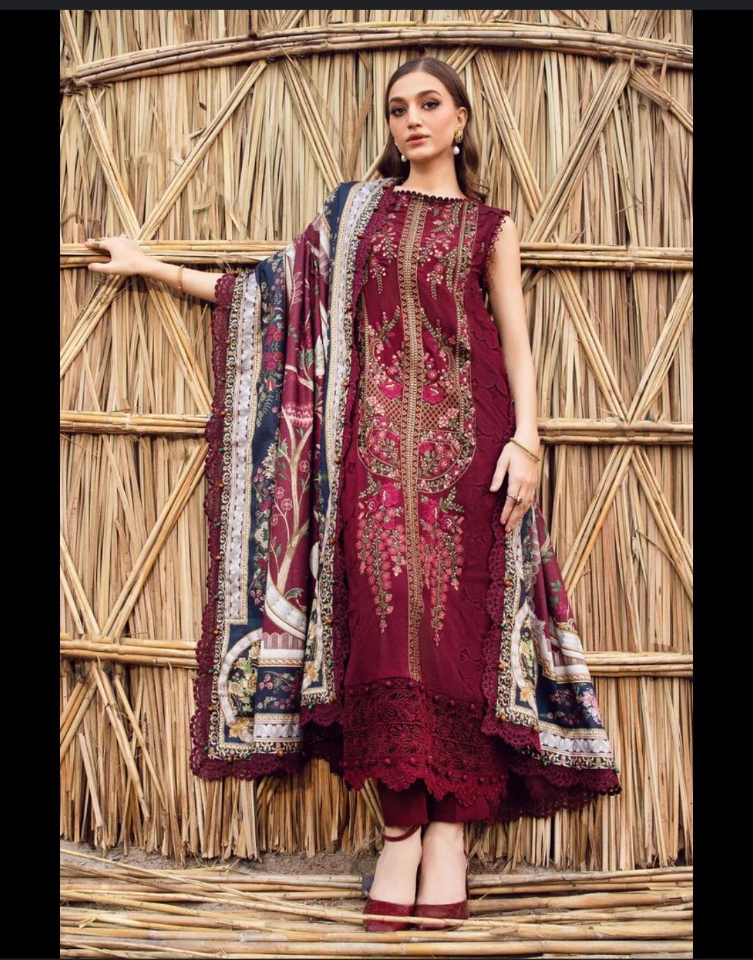 Unstitched Classic Dhanak 3-Piece Suit – Embroidered Shirt with Printed Dupatta & Plain Trouser