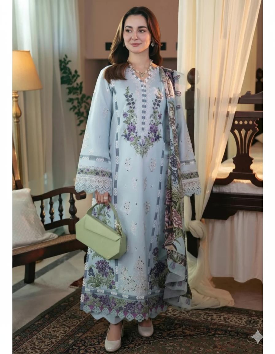 Unstitched Winter Dhanak 3-Piece Suit – Embroidered Shirt with Printed Floral Dupatta & Plain Trouser