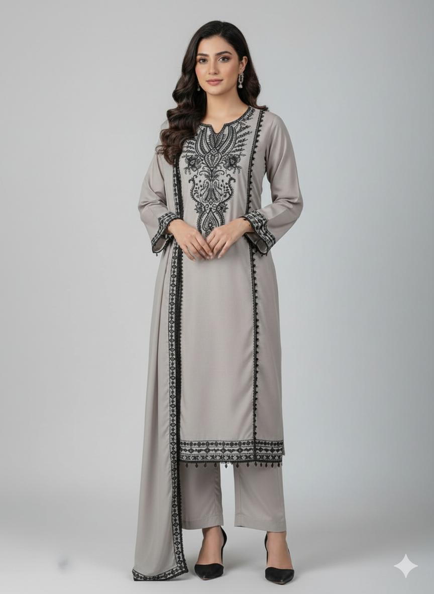 Royal Charm – 3 Piece Embroidered Viscose Suit