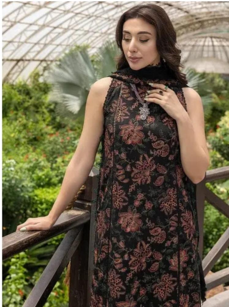 Unstitched Classic Dhanak 3-Piece Suit – Embroidered Shirt & Shawl with Plain Trouser