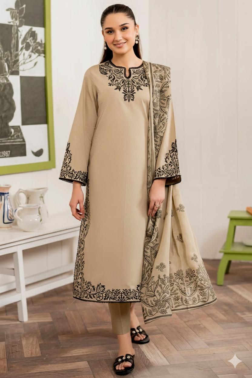 Unstitched Bliss Dhanak 3-Piece Suit – Embroidered Shirt & Dupatta with Plain Trouser