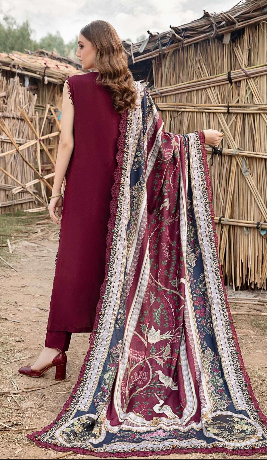 Unstitched Classic Dhanak 3-Piece Suit – Embroidered Shirt with Printed Dupatta & Plain Trouser