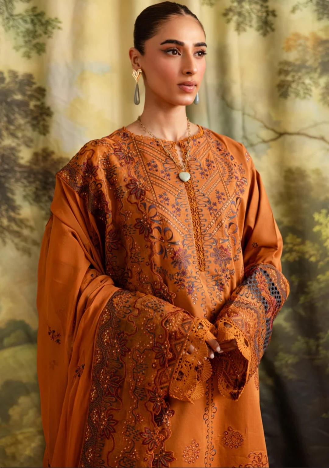 Unstitched Elegant Dhanak 3-Piece Suit – Embroidered Shirt & Dupatta with Plain Trouser