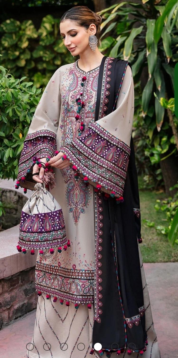 Unstitched Luxury Dhanak 3-Piece Suit – Embroidered Shirt & Shawl with Plain Trouser