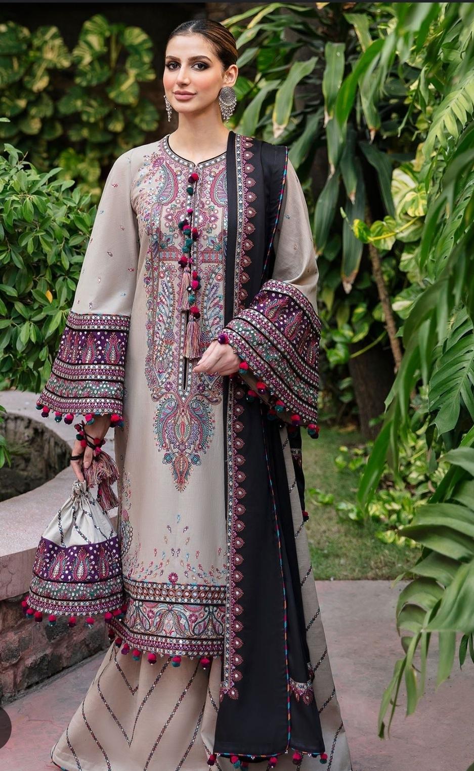 Unstitched Luxury Dhanak 3-Piece Suit – Embroidered Shirt & Shawl with Plain Trouser