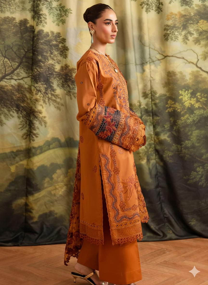 Unstitched Elegant Dhanak 3-Piece Suit – Embroidered Shirt & Dupatta with Plain Trouser