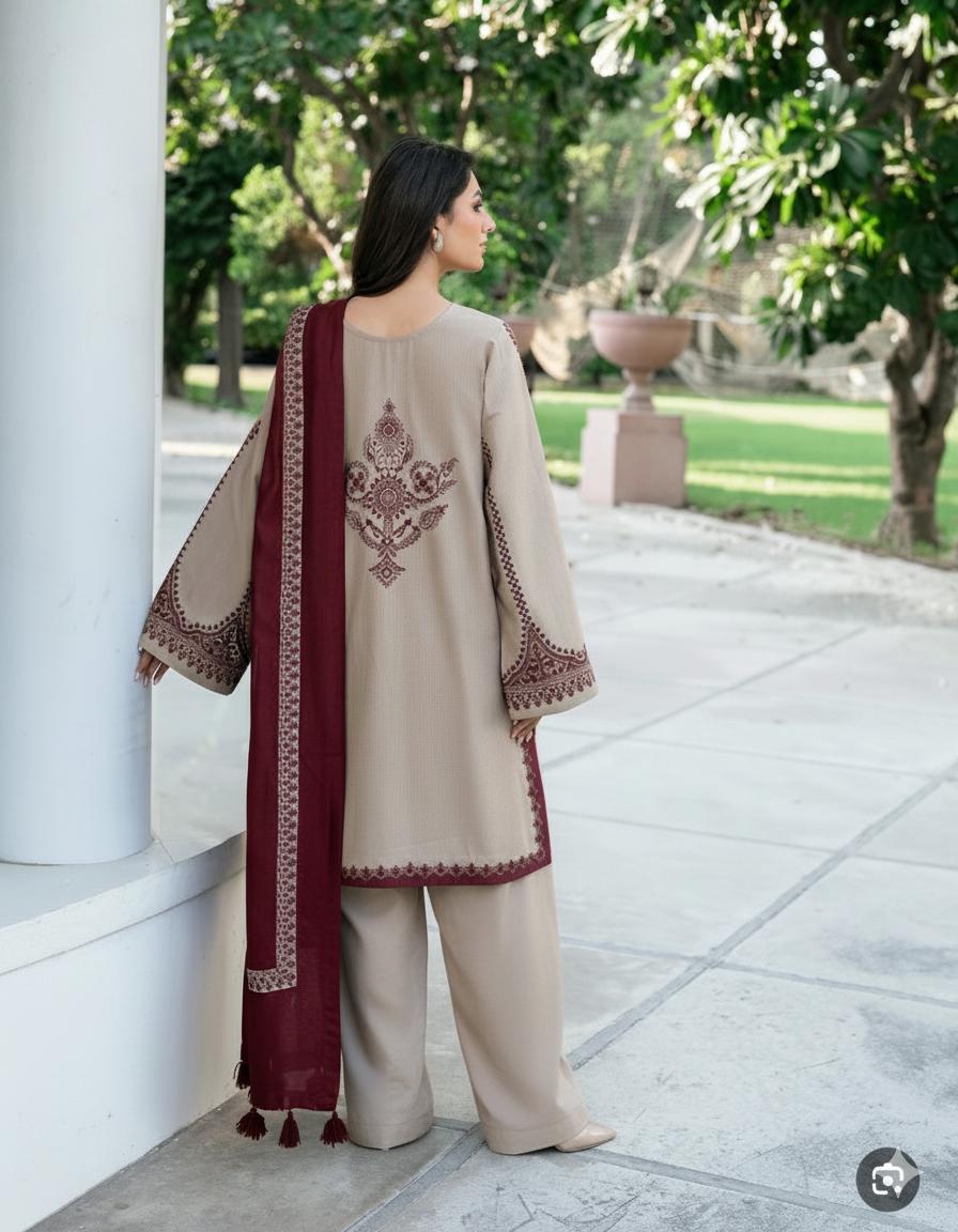 Unstitched Premium Dhanak 3-Piece Ensemble – Delicately Embroidered Shirt & Dupatta with Plain Trouser