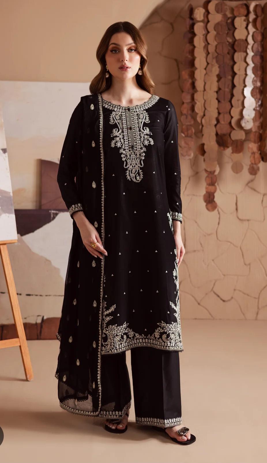 Unstitched Dhanak 3-Piece Suit – Embroidered Shirt & Shawl with Plain Trouser