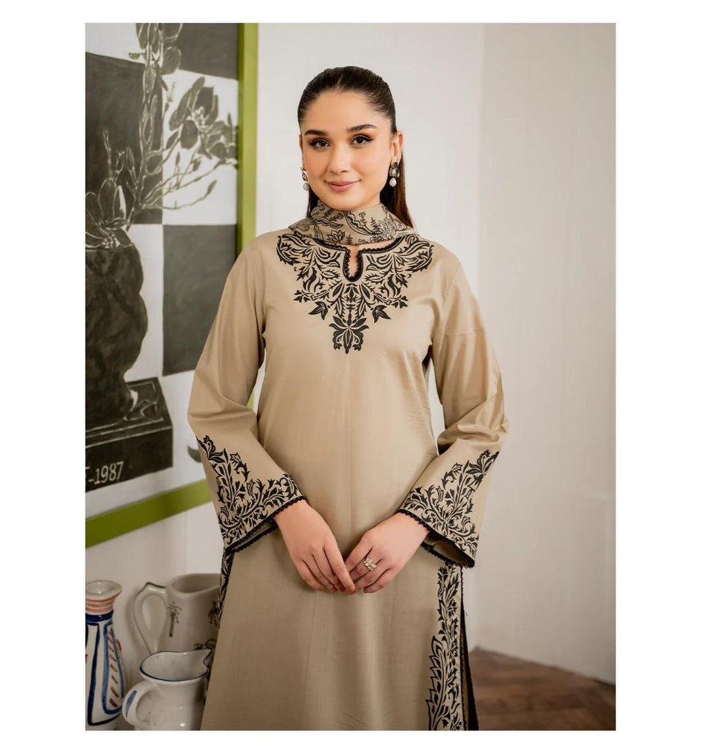 Unstitched Bliss Dhanak 3-Piece Suit – Embroidered Shirt & Dupatta with Plain Trouser