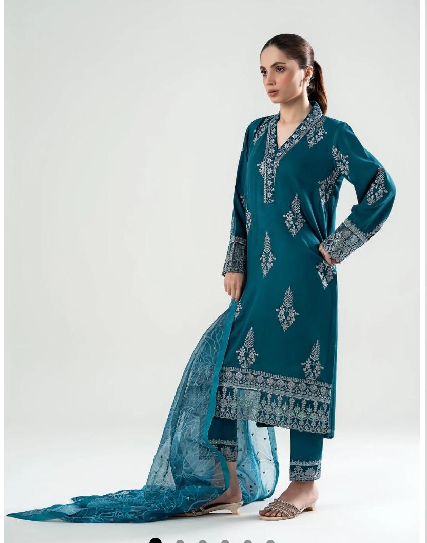Unstitched Premium Dhanak 3-Piece Suit – Embroidered Shirt & Shawl with Plain Trouser
