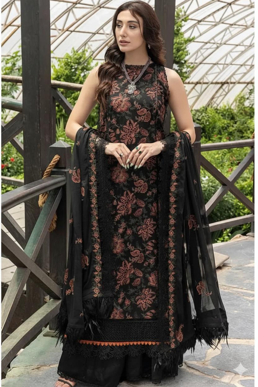 Unstitched Classic Dhanak 3-Piece Suit – Embroidered Shirt & Shawl with Plain Trouser