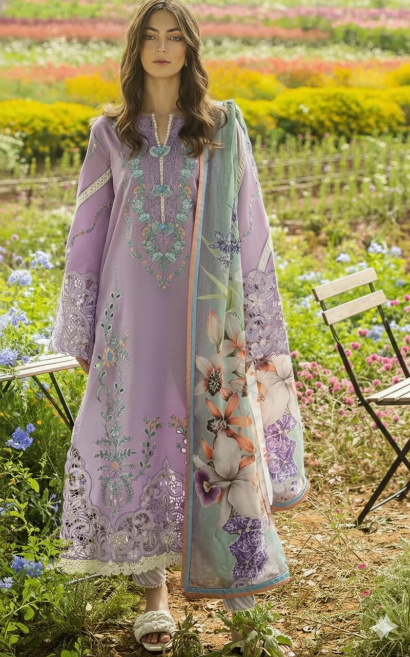 Unstitched Dhanak 3-Piece Suit – Embroidered Shirt with Printed Floral Dupatta & Plain Trouser