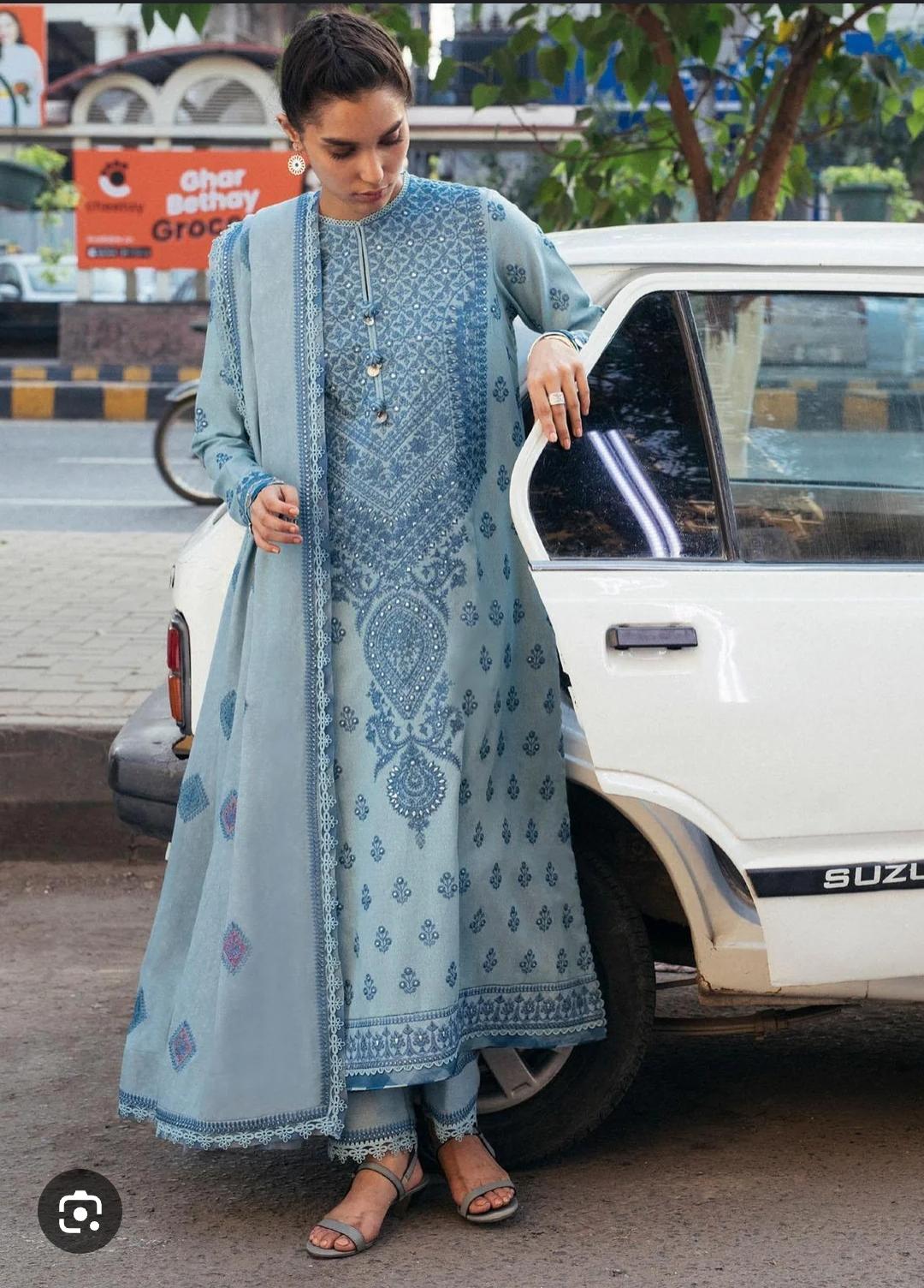 Elegant Dhanak 3-Piece Winter Suit – Embroidered Shirt & Shawl with Plain Trouser