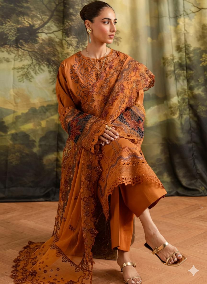 Unstitched Elegant Dhanak 3-Piece Suit – Embroidered Shirt & Dupatta with Plain Trouser