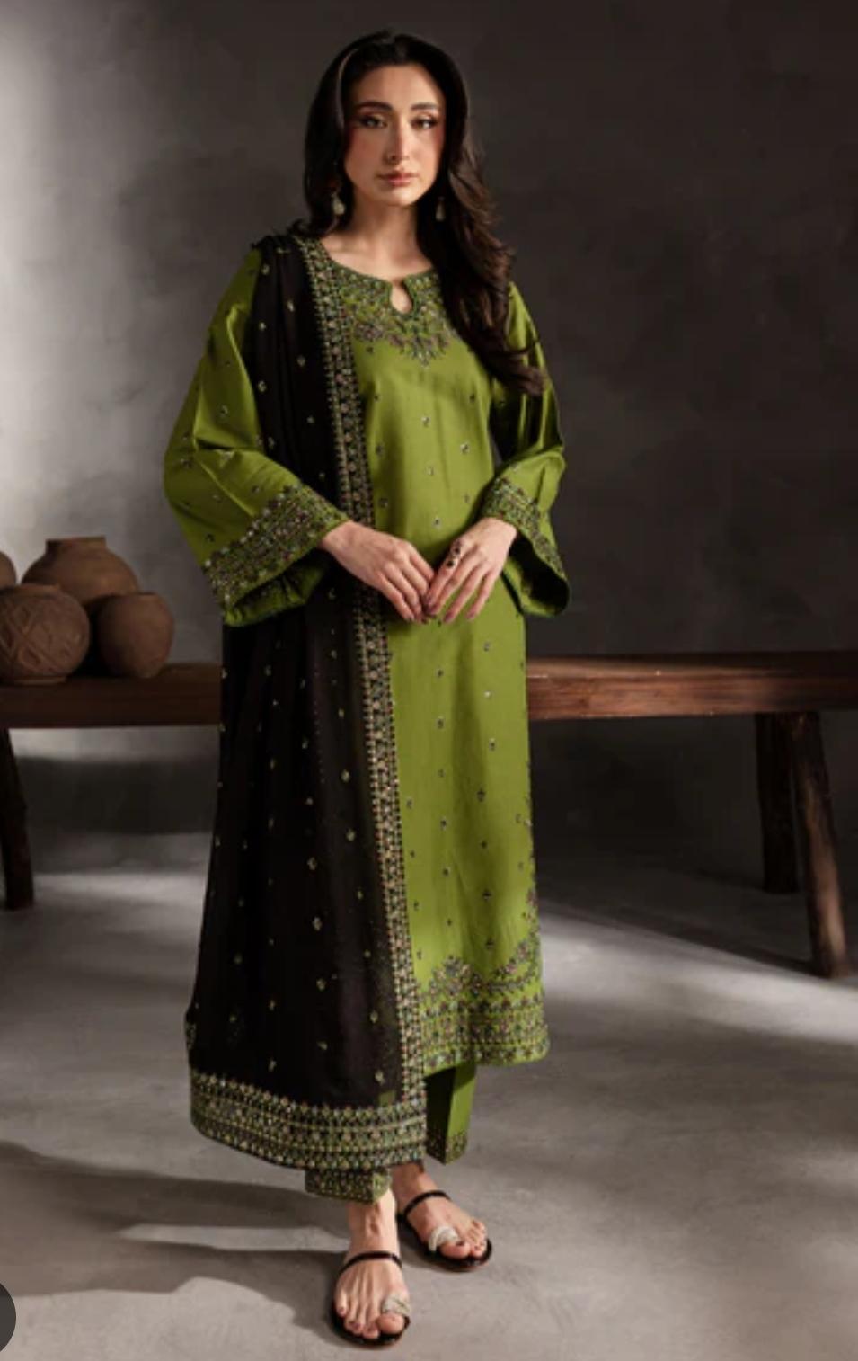 Classic Winter Dhanak 3-Piece Suit – Embroidered Shirt & Shawl with Plain Trouser