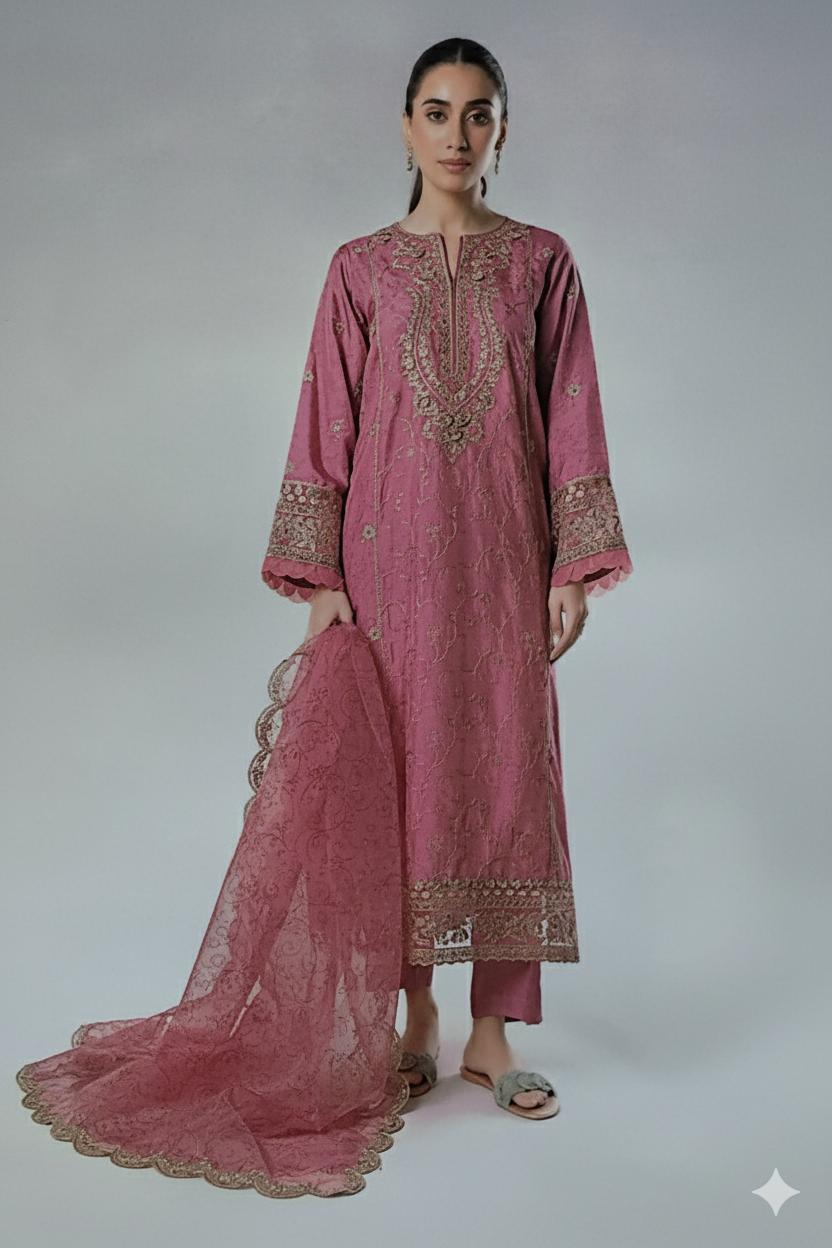 Stylish Dhanak 3-Piece Suit – Embroidered Shirt & Shawl with Plain Trouser