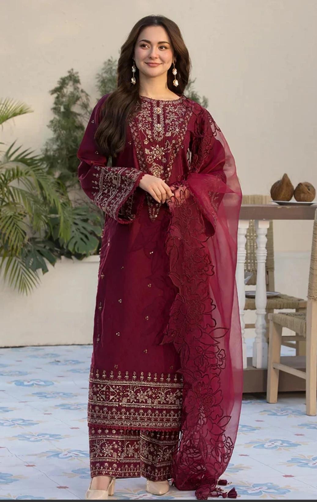 Elegant Embroidered Dhanak Three-Piece Suit