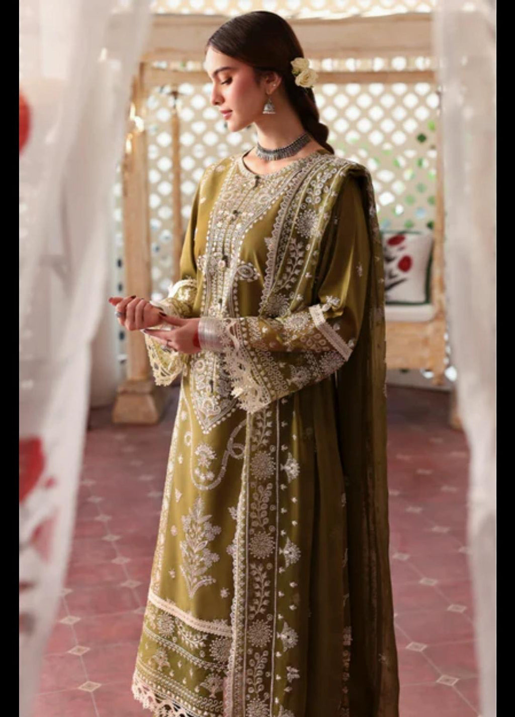 Unstitched Royal Grace Dhanak 3-Piece Suit – Embroidered Shirt & Dupatta with Plain Trouser