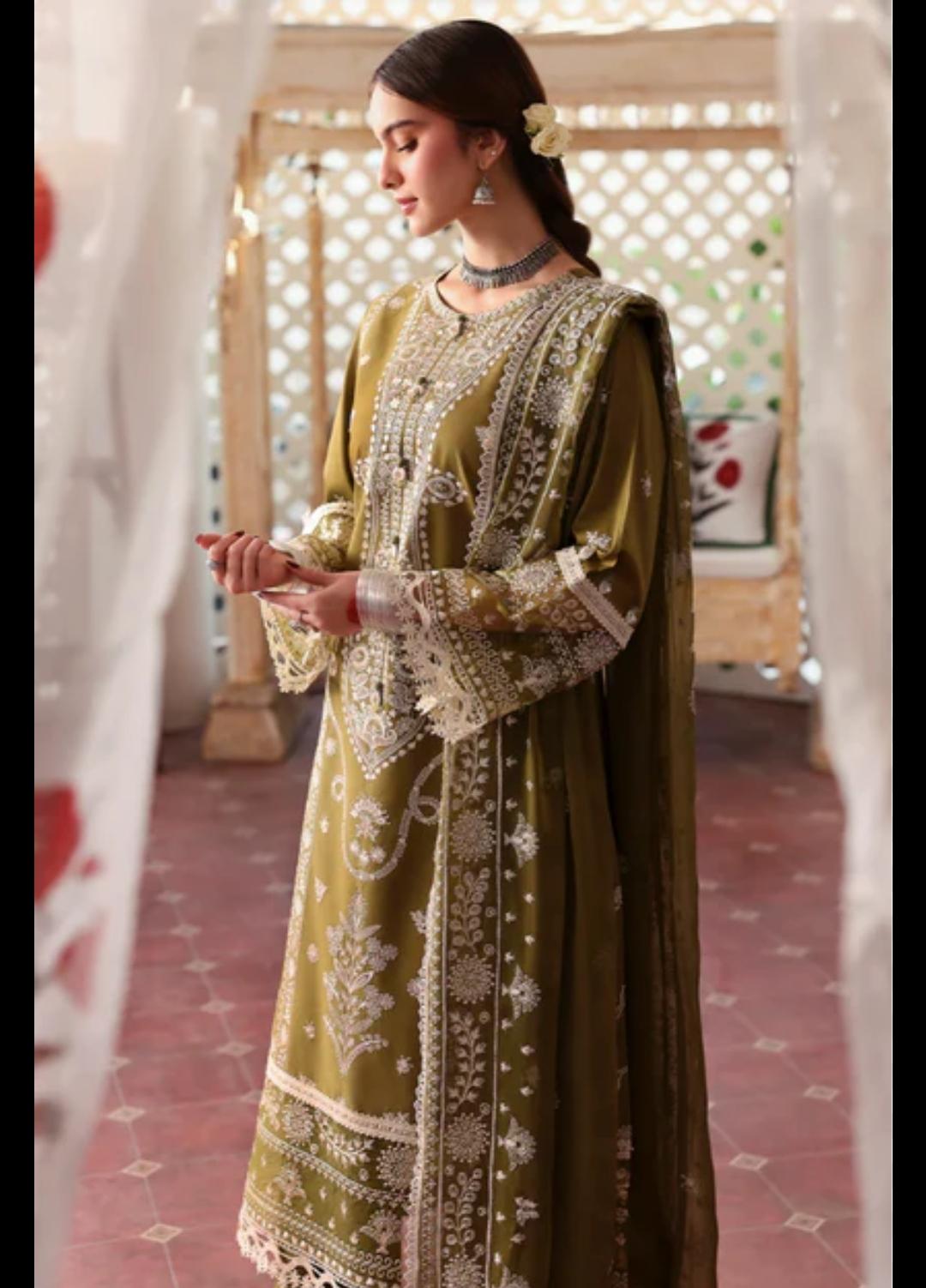 Unstitched Royal Grace Dhanak 3-Piece Suit – Embroidered Shirt & Dupatta with Plain Trouser