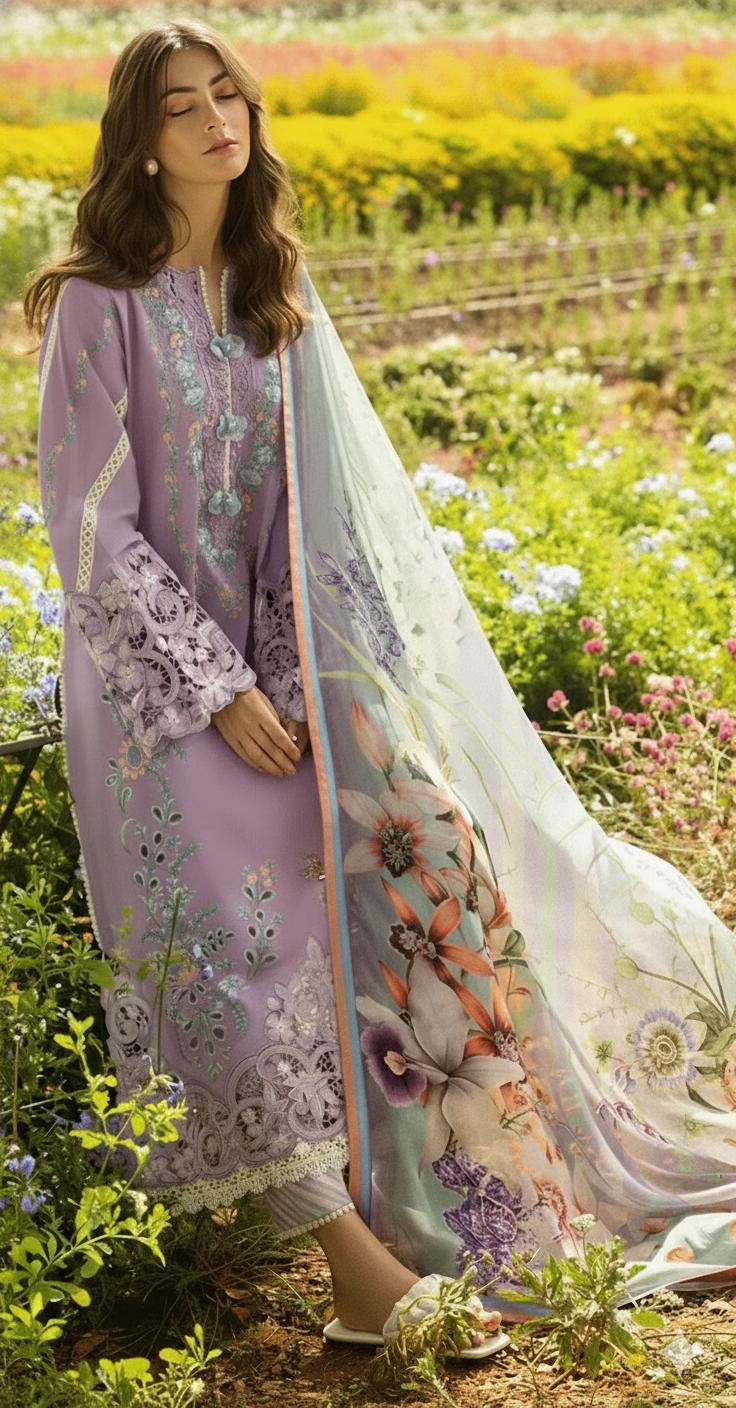 Unstitched Dhanak 3-Piece Suit – Embroidered Shirt with Printed Floral Dupatta & Plain Trouser