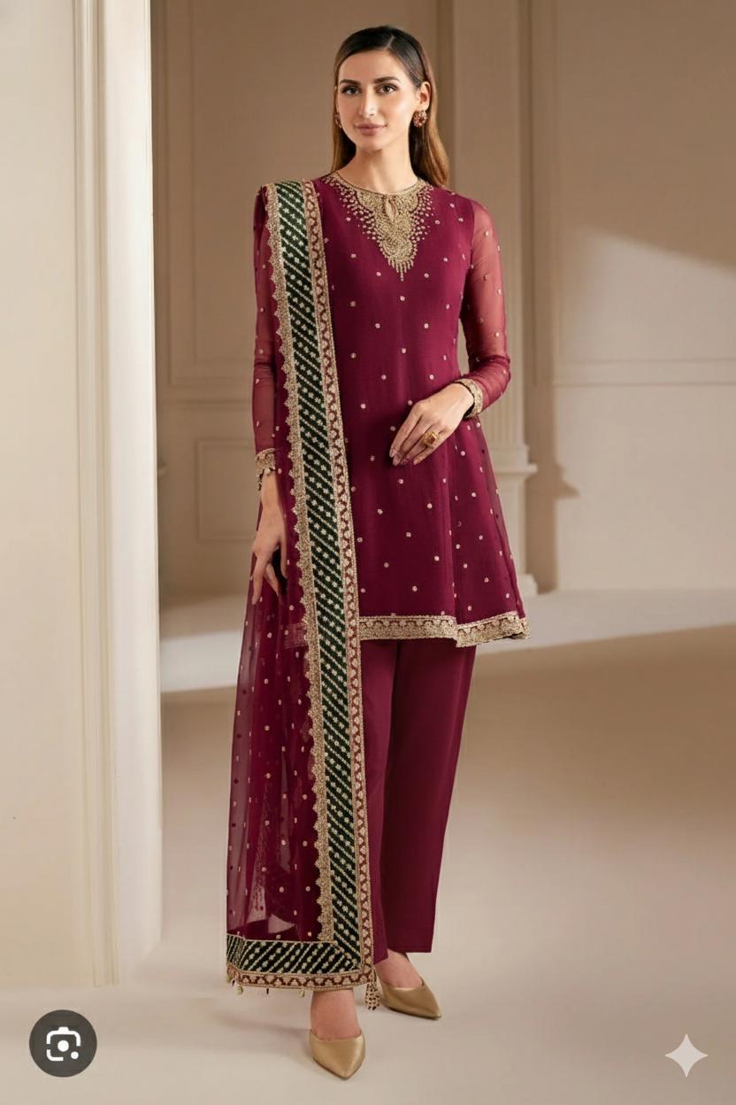 Unstitched Dreamy Dhanak 3-Piece Suit – Embroidered Shirt & Dupatta with Plain Trouser