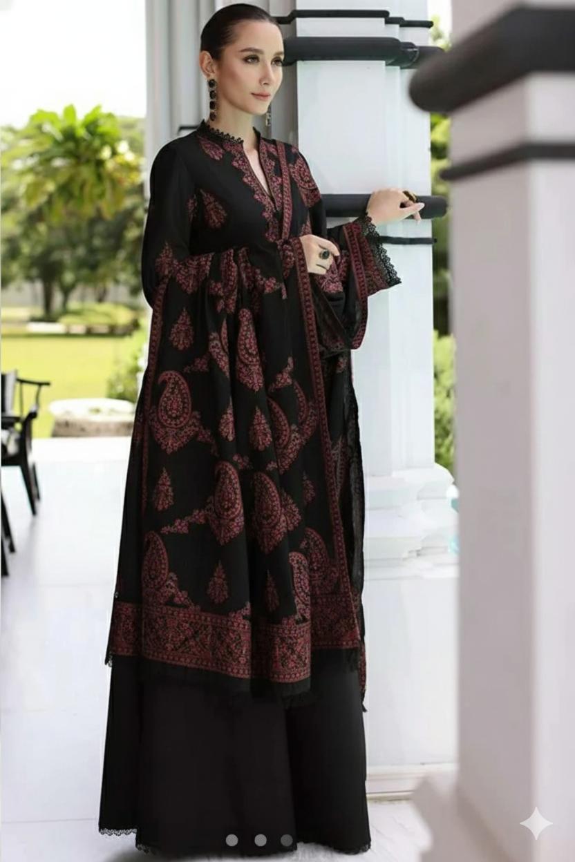 Unstitched Luxe Dhanak 3-Piece Suit – Embroidered Shirt & Dupatta with Plain Trouser