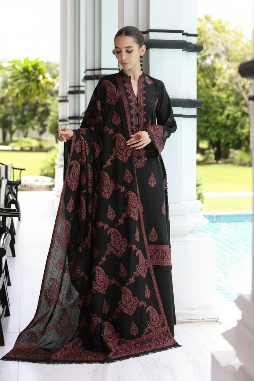 Unstitched Luxe Dhanak 3-Piece Suit – Embroidered Shirt & Dupatta with Plain Trouser