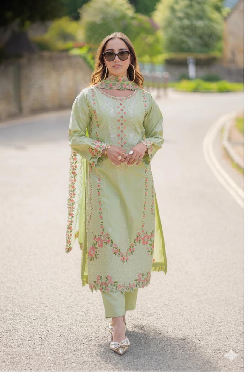 Unstitched Premium Dhanak 3-Piece Outfit – Embroidered Shirt & Shawl with Plain Trouser