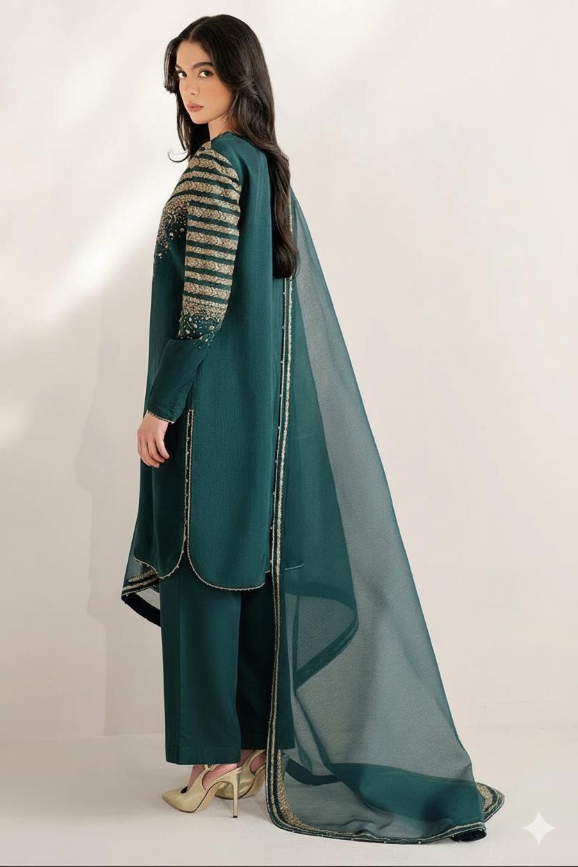 Unstitched Chic Dhanak 3-Piece Suit – Intricately Embroidered Shirt with Embroidered Dupatta & Plain Trouser