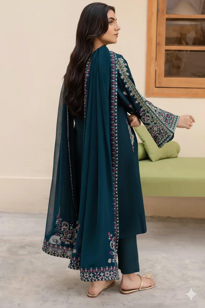 Unstitched Signature Dhanak 3-Piece Suit – Embroidered Shirt with Matching Embroidered Dupatta & Plain Trouser