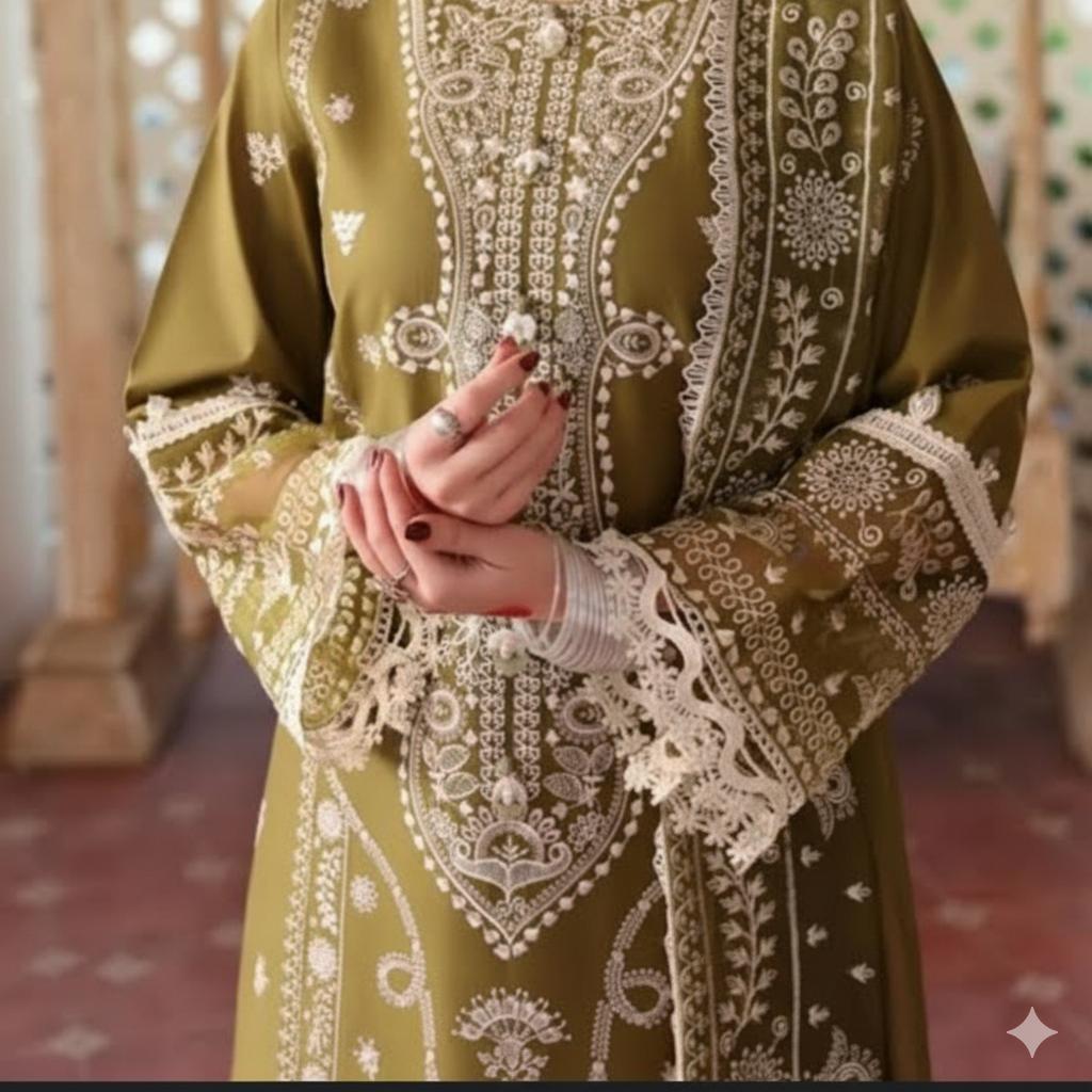 Unstitched Royal Grace Dhanak 3-Piece Suit – Embroidered Shirt & Dupatta with Plain Trouser