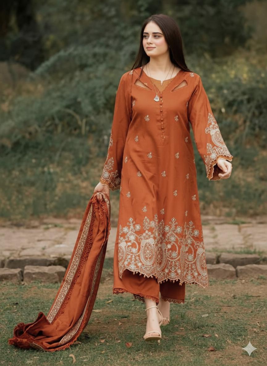Unstitched Graceful Dhanak 3-Piece Suit – Intricate Embroidery for a Refined Winter Look