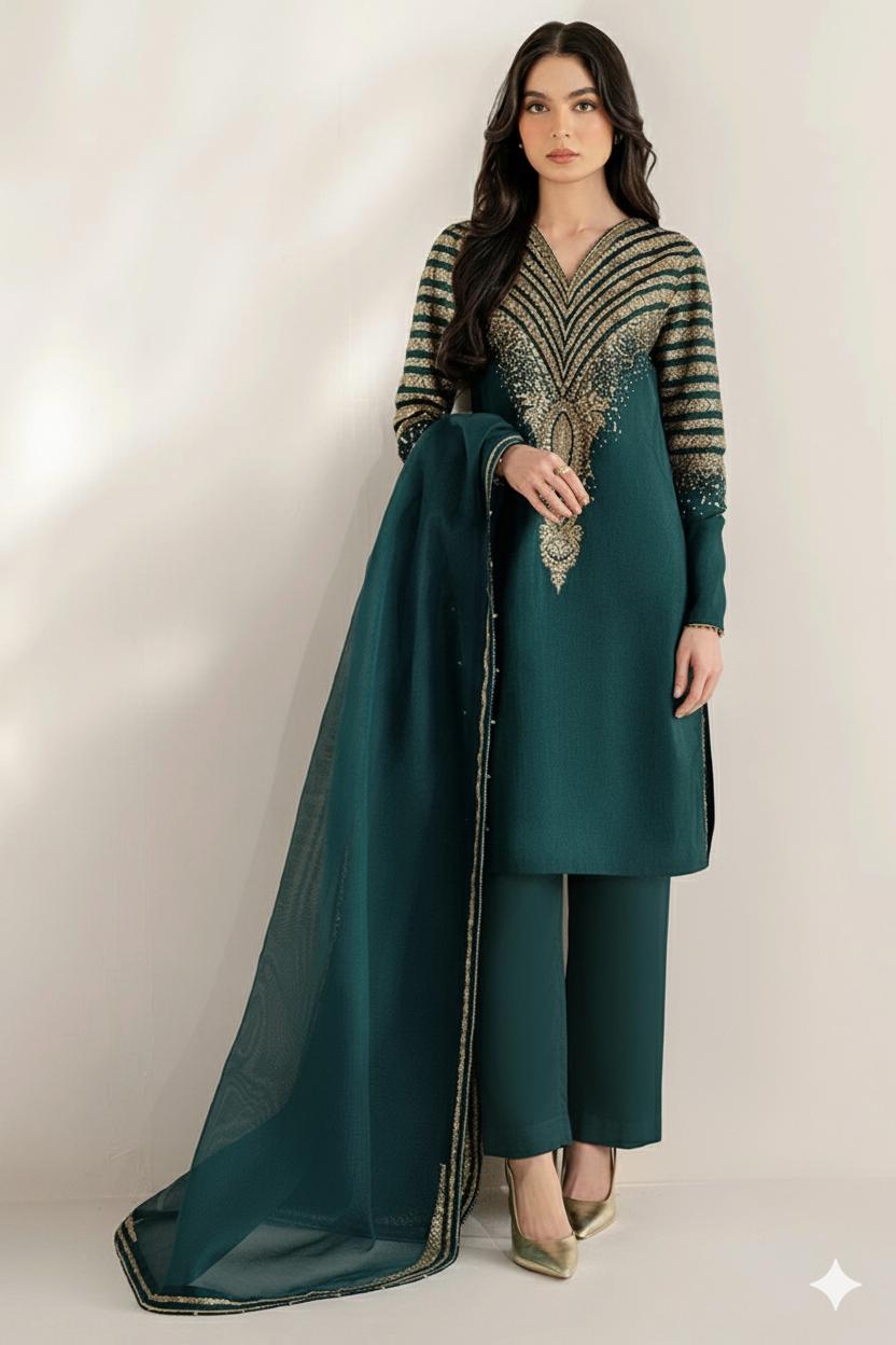 Unstitched Chic Dhanak 3-Piece Suit – Intricately Embroidered Shirt with Embroidered Dupatta & Plain Trouser