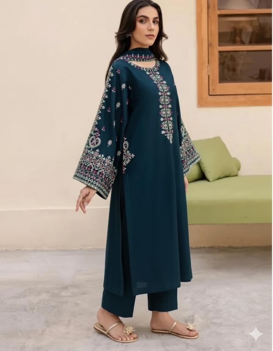 Unstitched Signature Dhanak 3-Piece Suit – Embroidered Shirt with Matching Embroidered Dupatta & Plain Trouser