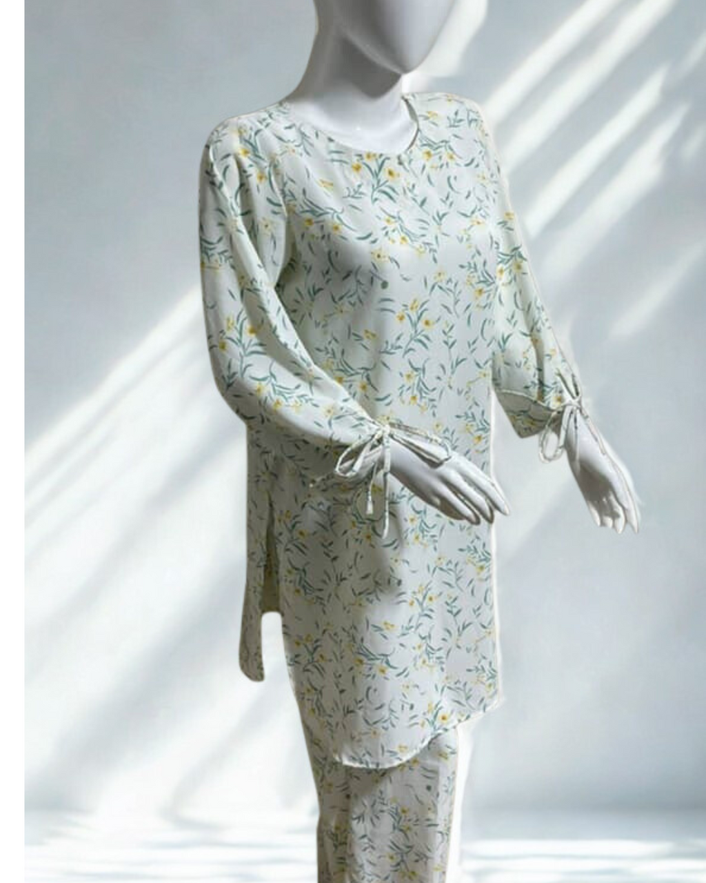Floral Printed Georgette Kurta – Soft White with Tie-Sleeve Detail