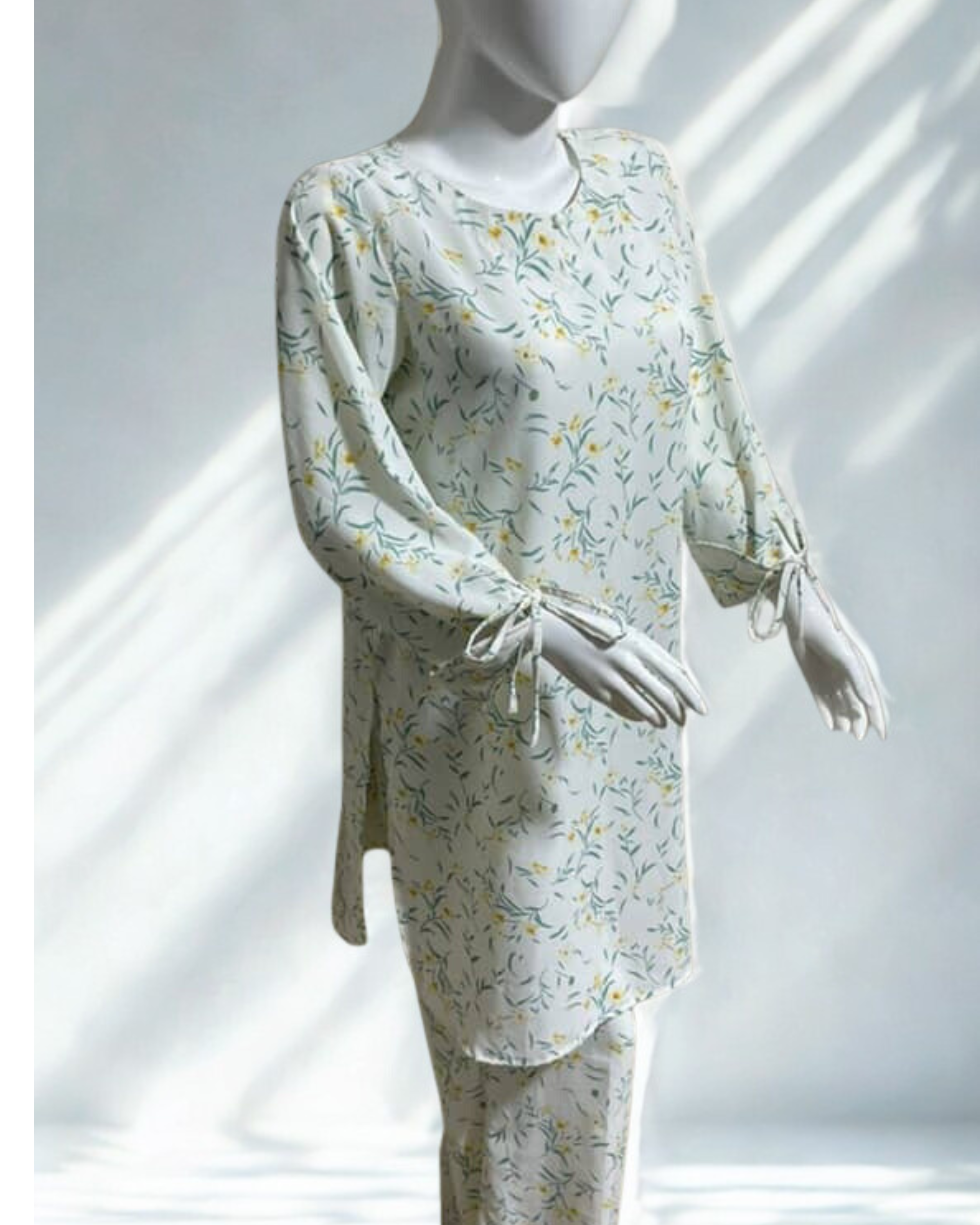 Floral Printed Georgette Kurta – Soft White with Tie-Sleeve Detail