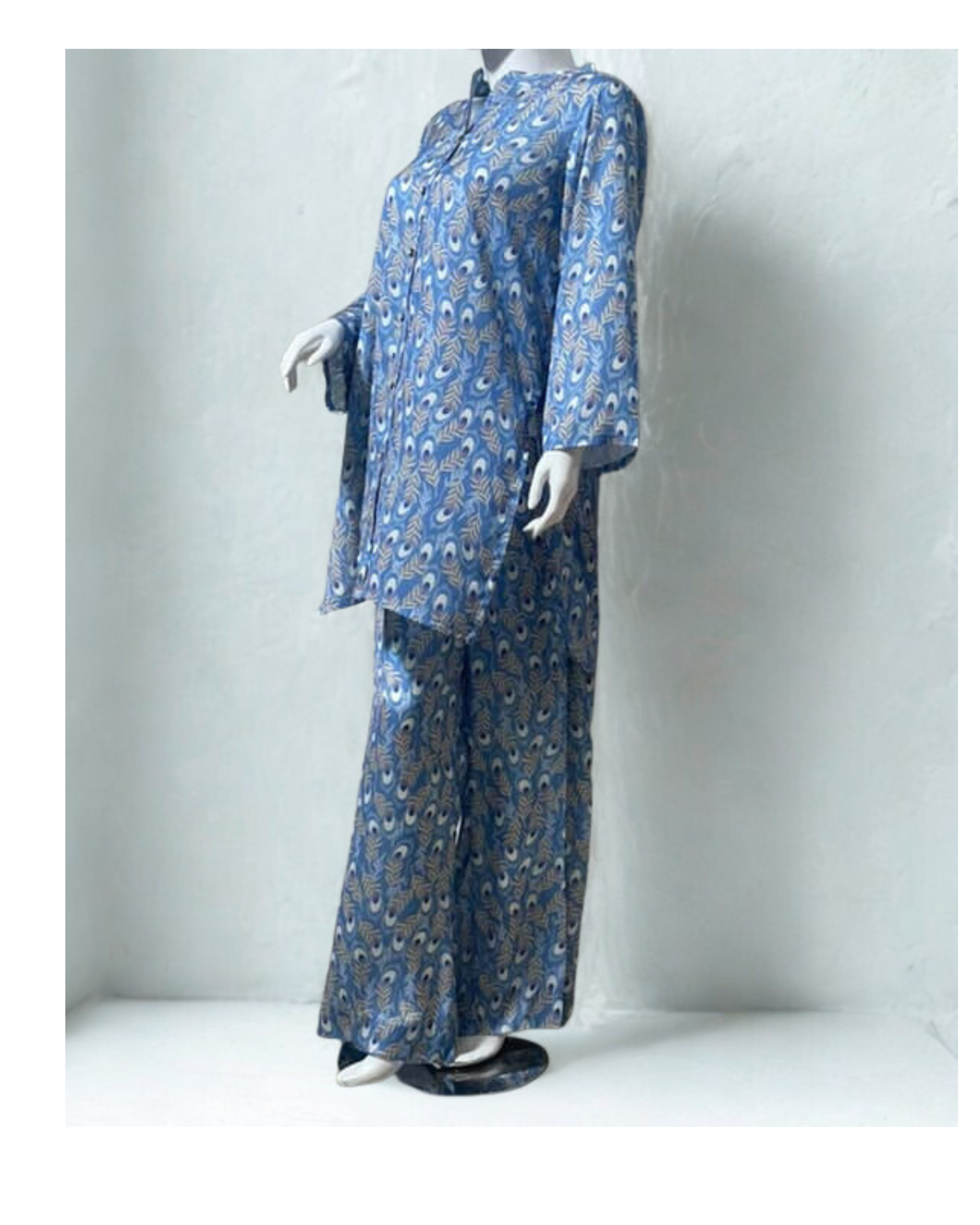 Silk Front-Open Shirt with Pearl Buttons & Trouser Set