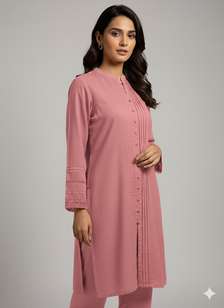 Georgette Long Shirt & Trouser Set – Navy Blue, Pink, Peach & Green