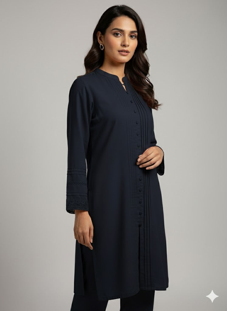 Georgette Long Shirt & Trouser Set – Navy Blue, Pink, Peach & Green