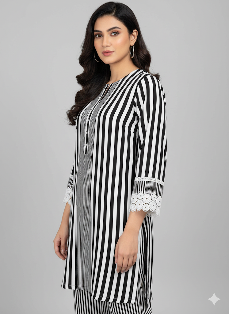 Linen Suit with Elegant Neckline & Embroidered Lace Sleeves