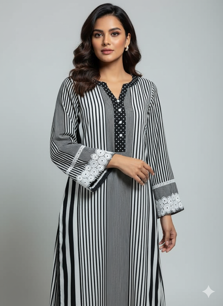 Linen Suit with Elegant Neckline & Embroidered Lace Sleeves