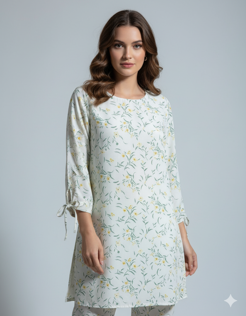 Floral Printed Georgette Kurta – Soft White with Tie-Sleeve Detail