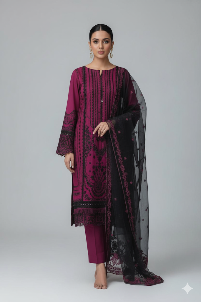 Premium Winter Dhanak 3-Piece Suit – Intricately Embroidered Shirt & Shawl with Plain Trouser