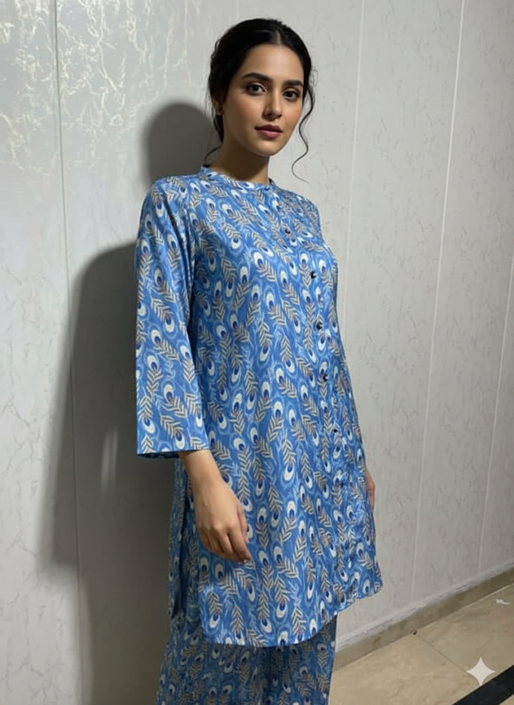 Silk Front-Open Shirt with Pearl Buttons & Trouser Set