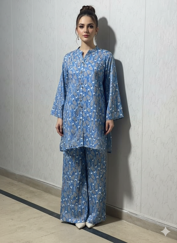 Silk Front-Open Shirt with Pearl Buttons & Trouser Set